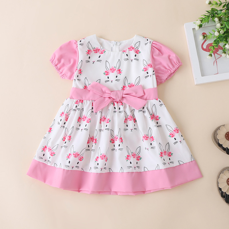 Korean Children's Clothing Summer Fashion Bow Short-sleeved Rabbit Print Loose Dress display picture 2