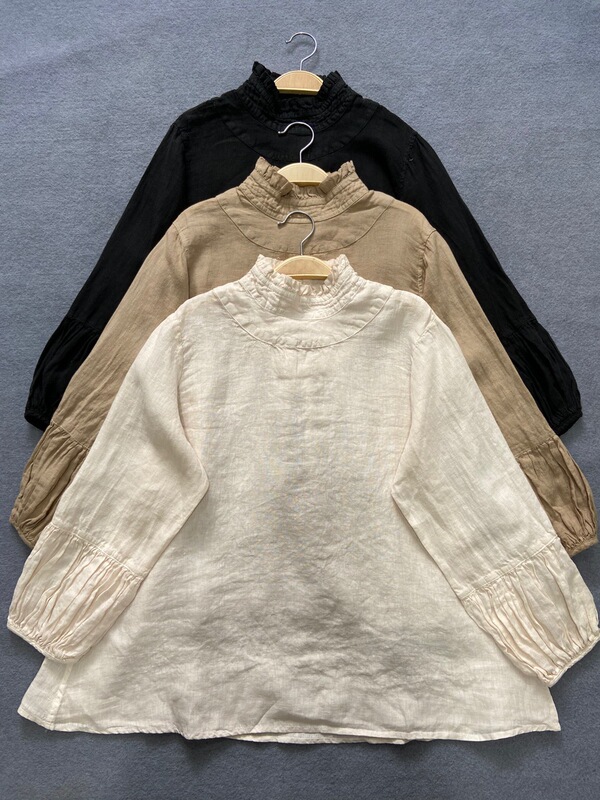 Linen French Lace Turtleneck Pleated Sleeve Shirt Retro Comfortable Design Pastoral Bottoming Top Spring