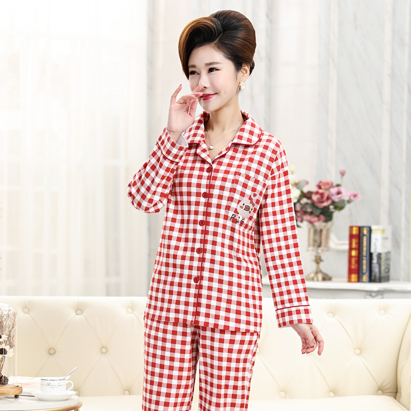 100% algodón pijamas de mujer primavera y otoño pantalones de manga larga cardigan de mediana edad mamá traje de invierno homewear