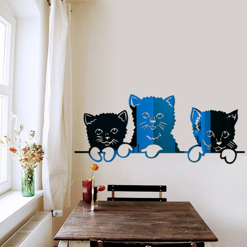 Three Kity Cats Mirror Wall Sticker 3D Stereo Non-toxic Eco-friendly Decor 70cmX28.5cm with Self-adhesive Backing