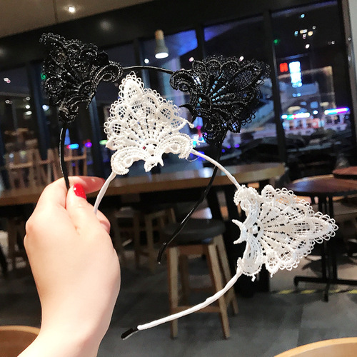Black lace cat ear headband for women, cute, sweet and sexy headband, thin edge face wash scarf, Korean hairpin headdress