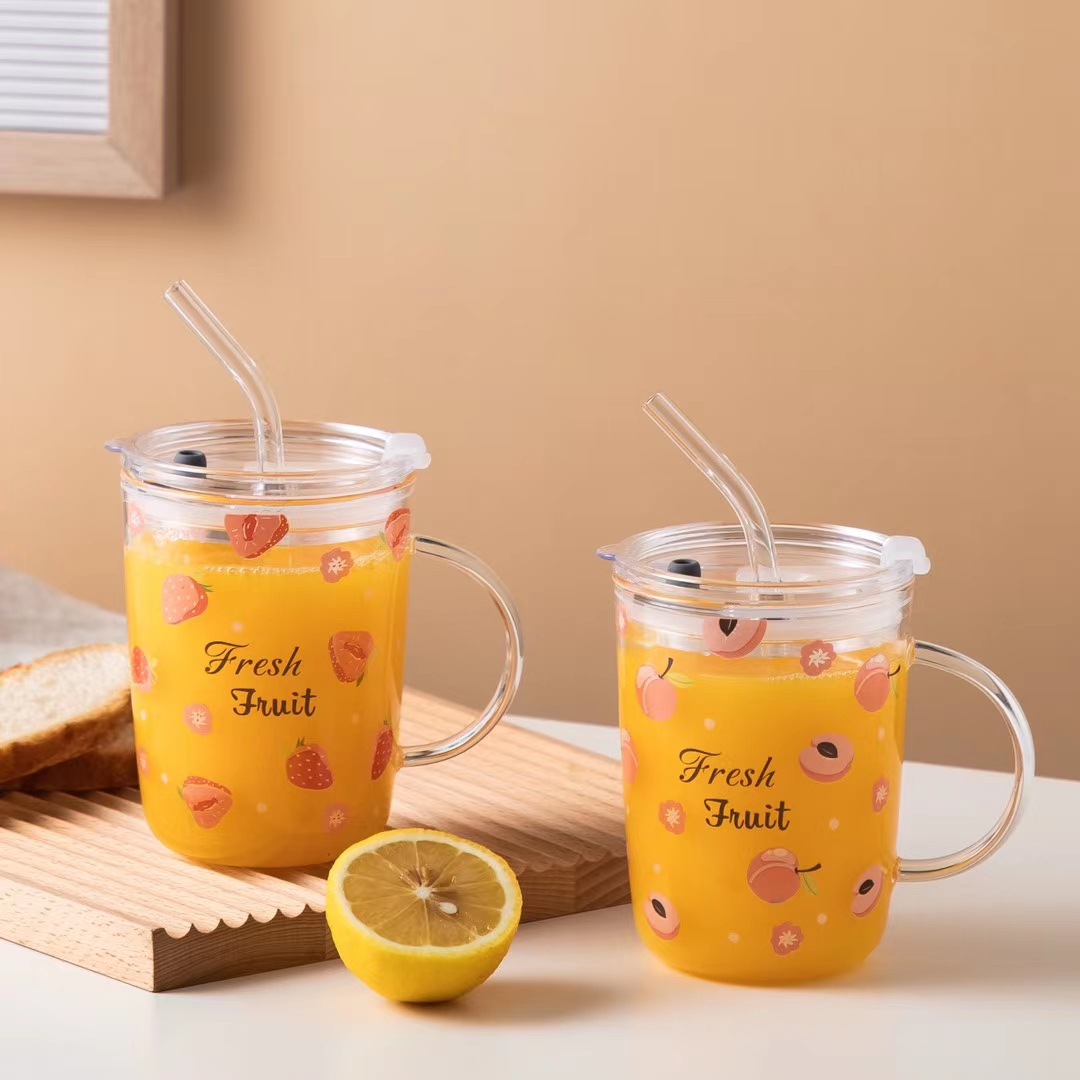 Vidrio de paja hogar niños taza de agua hembra linda chica con mango ins estilo fruta leche taza de té taza de limón