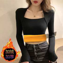 加绒加厚方领打底衫女长袖春秋冬内搭百搭修身T恤洋气上衣保暖衫