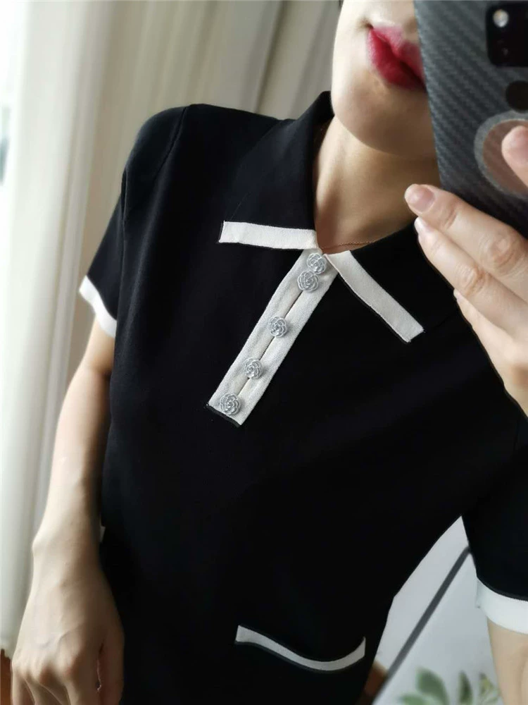 Гонконгский рис [Хорошее качество у постоянных клиентов] поло воротник Контраст ледяной шелк трикотажная рубашка Женская свободная с короткими рукавами Топ