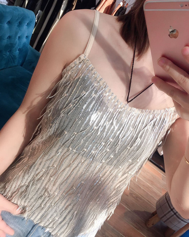 Sexy Sequined Short Suspbottomer V Neck Bottoming Sleeveless Vest for Women 2025 Summer New Style Inner Tube Top