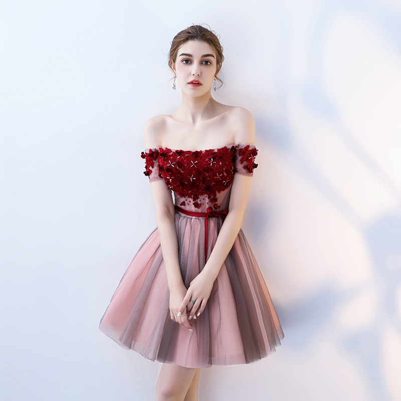 Off-shoulder short evening dress 2022 new bridesmaid dress banquet host graduate day dress women's short dress