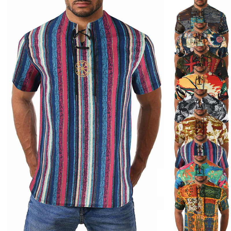 2024 Summer Cross-Border Wish Cotton and Linen Embroidered Short-Sleeved Shirt Slimming Look Stripesd Printed Pullover Round Neck Cotton and Linen Shirt