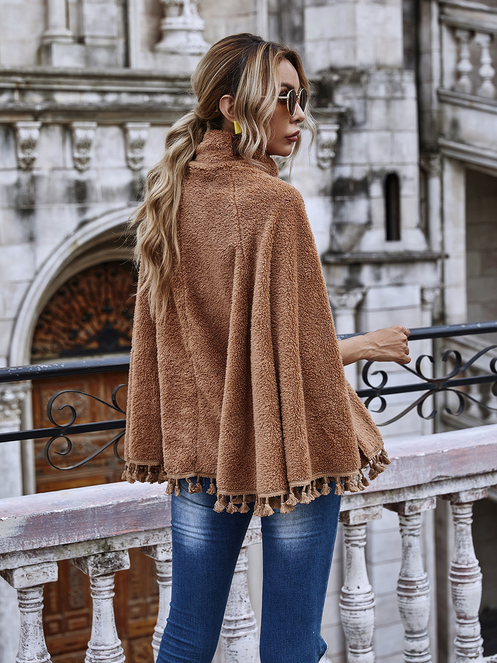 hot new women s solid color slim fashion high-neck fringed hem cloak long-sleeved jacket  NHDF53