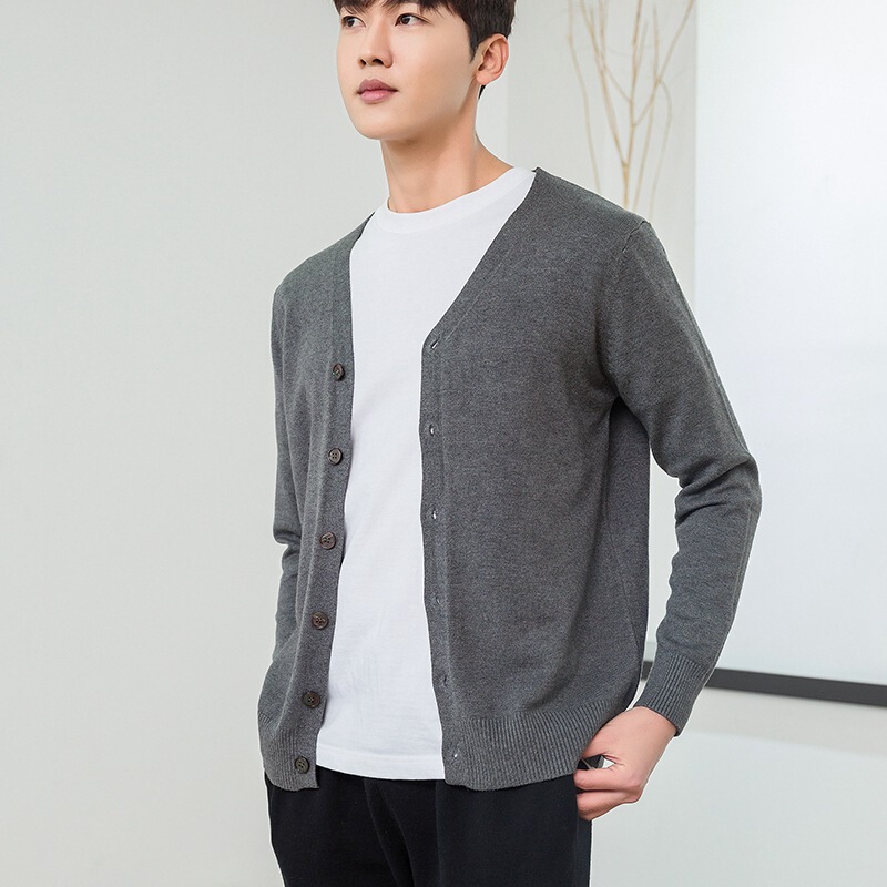 Spring and Autumn V-neck Cardigan Men's Wool Sweater Thin Loose Korean Style Cashmere Sweater Knitted Sweater Jacket Fashionable for Youth
