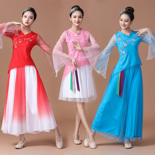 Women chinese folk dance dresses yangko umbrella fan dance costumes Yunshang square dance suit performing Umbrella Dance