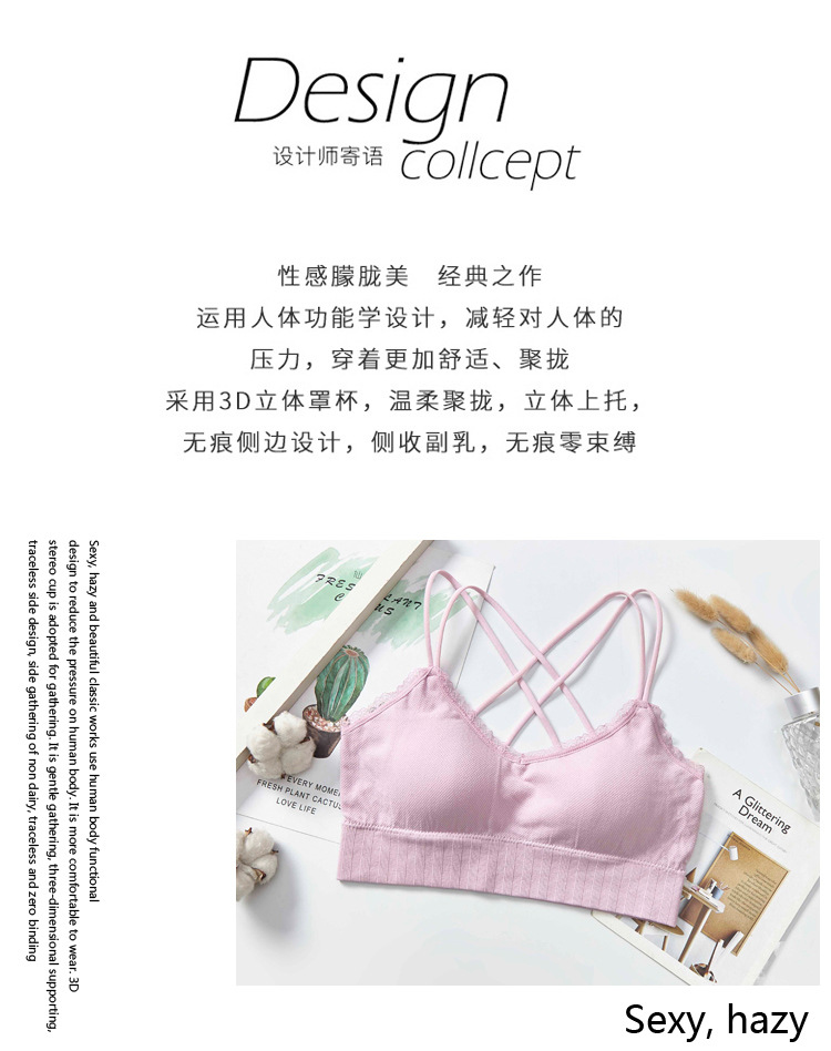 New non-mainstream color lace beauty back spaghetti-strap strapless bra for women without steel rings, with chest pads and thin shoulder straps detail image 3