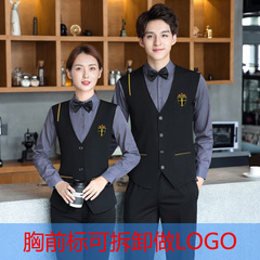 秋冬款假兩件馬甲長袖襯衫工裝酒店西餐廳服務員工作服制繡LOGO