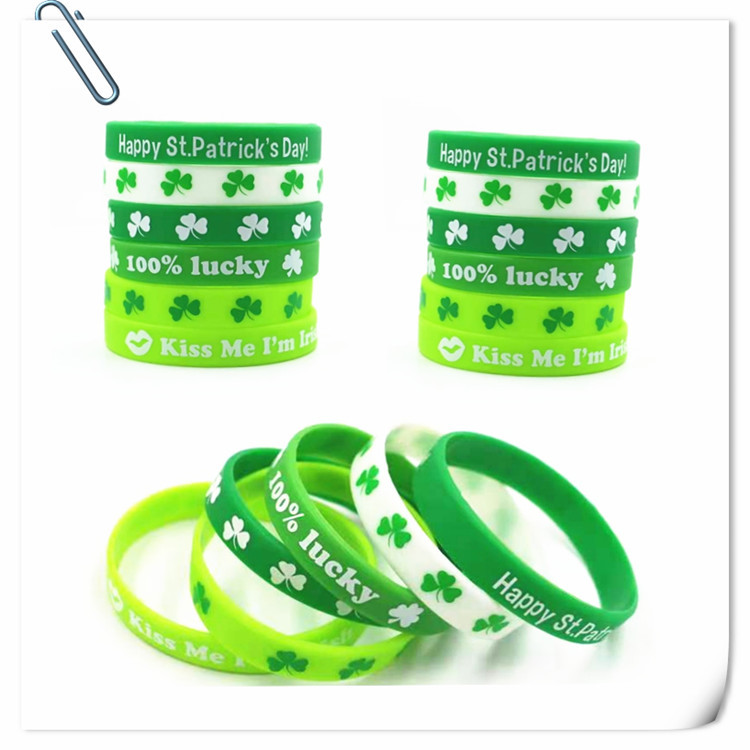 Fabricante directo de tres hojas verdes irlandeses pulsera de silicona día de San Patricio pulsera de la suerte