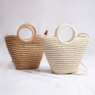 Straw bag Retro One shoulder manual Woven bag temperament portable Female bag on vacation Beach Bag