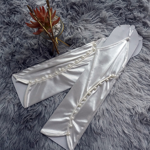 Factory direct sale long finger hook gloves, pearl etiquette wedding gloves, satin elastic crepe gloves
