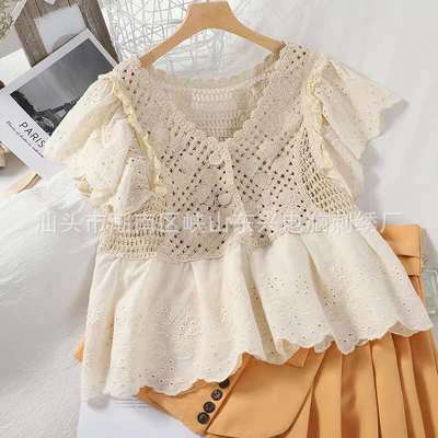 2020春夏爆款V领气质百搭钩花镂空韩版裙摆娃娃衫拼接针织上衣女