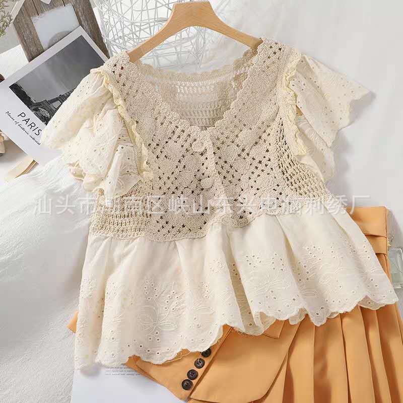 2020春夏爆款V领气质百搭钩花镂空韩版裙摆娃娃衫拼接针织上衣女