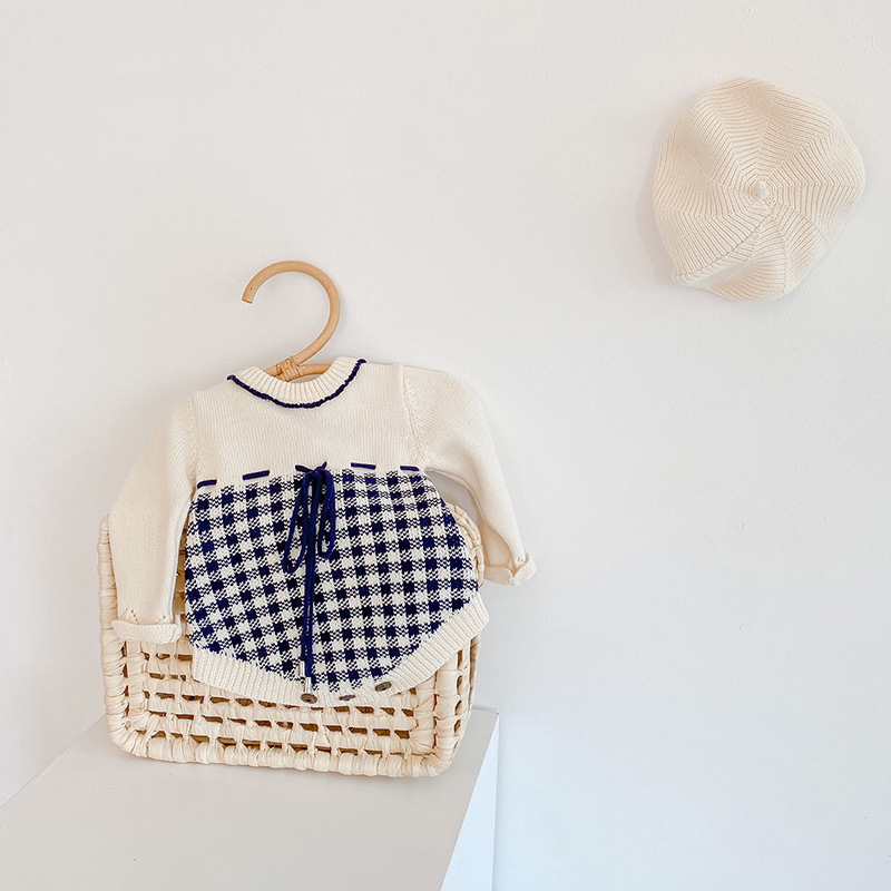 Instagram Primavera e Autunno Abbigliamento Bambina Neonata Tuta in Maglia a Quadri Borsa Farewell Sweetheart Triangolo_voghion.com