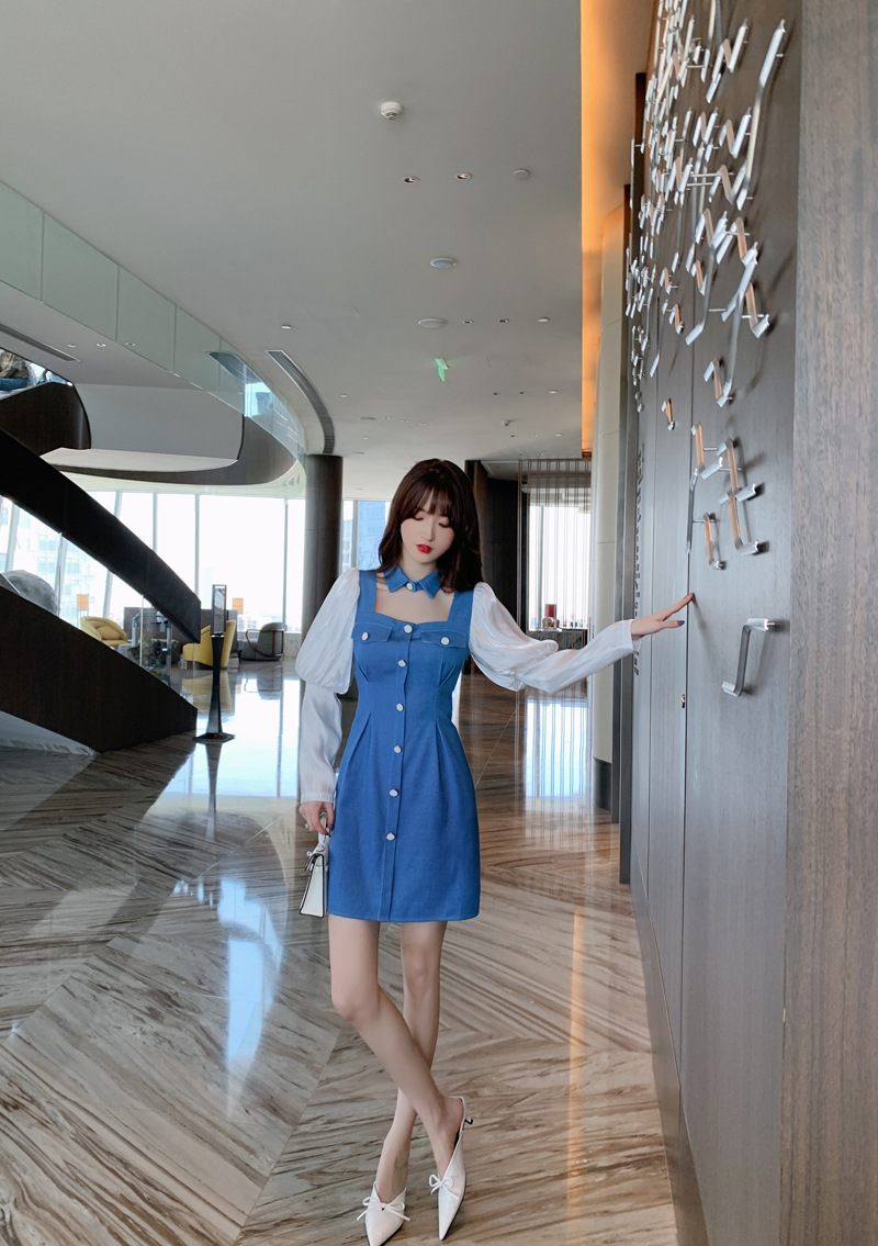Đầm cổ búp bê tay phồng dáng suông — Màu xanh lam chi tiết 9