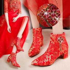 2020秋冬季新款婚鞋女红色高跟粗跟新娘鞋敬酒服韩版水钻加绒婚靴