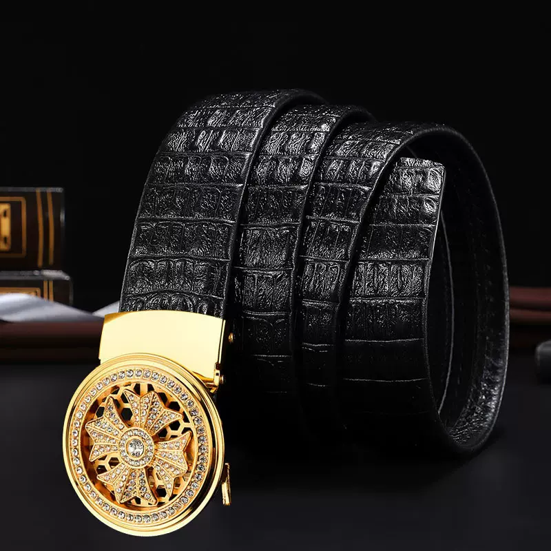 男士头层鳄鱼纹牛皮皮带时来运转点钻自动扣腰带抖音快手现货