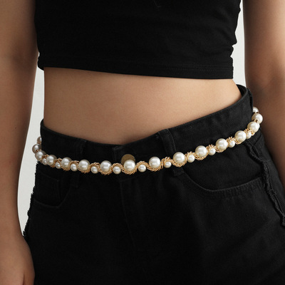 Europe and America Cross border Jewelry temperament Geometry monolayer Versatile Body originality manual Imitation pearls chain Waist chain
