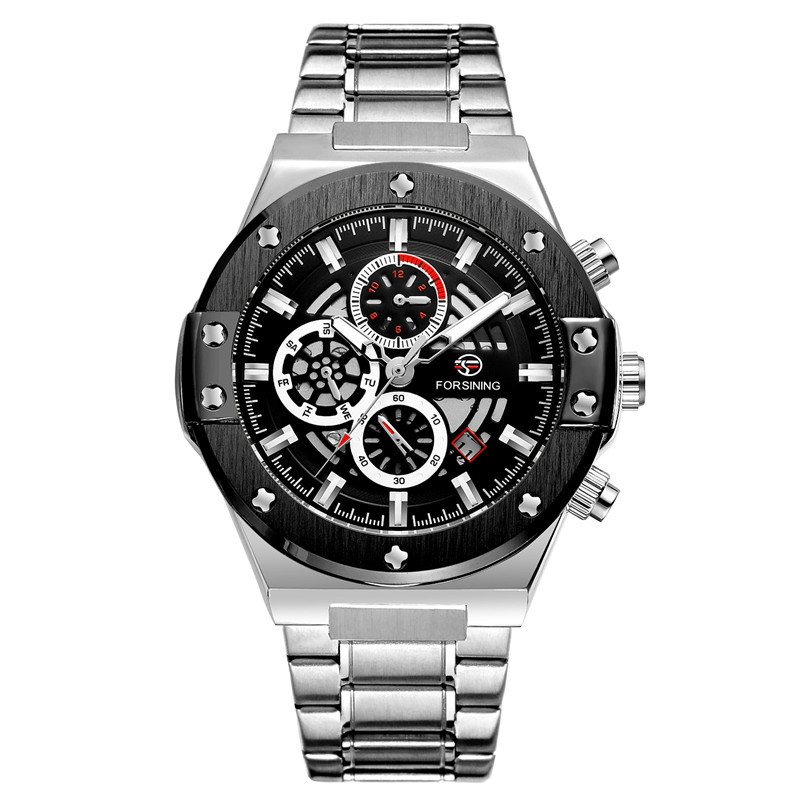 FORSINING Fusini 6914 correa de acero de moda para hombre reloj mecánico automático reloj impermeable luminoso de seis pines
