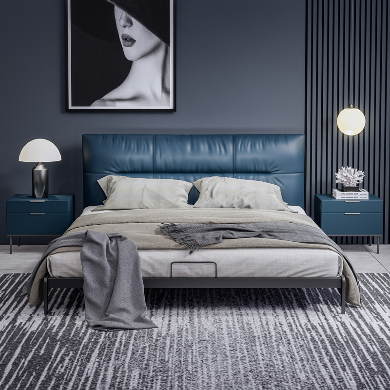 Cama de Cuero Genuino Yihai Xuan, Muebles de Dormitorio, Estructura de Hierro de 1.5 Metros, Cama de Cuero de Primera Calidad, Estilo Minimalista Italiano