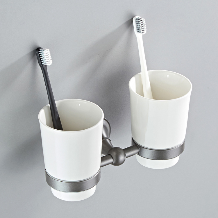 New style wall-mounted simple bathroom hardware pendant copper material pastoral dark gray mouthwash toothbrush double cup holder suit