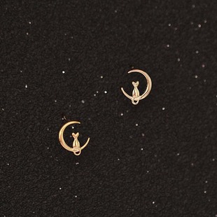 Cartoon Character Cat Living on the Moon Pure 9K Gold Cute Crescent Mini Japanese Style Style Earrings