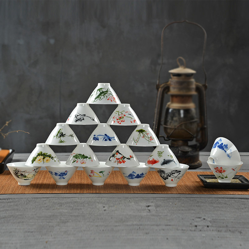 仿手繪高白瓷品茗杯功夫茶具陶瓷個人單茶杯創意景德鎮茶碗