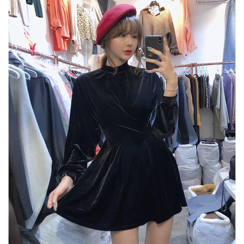 韩国东大门2020秋季新款百搭气质名媛收腰显瘦丝绒半高领连衣裙女