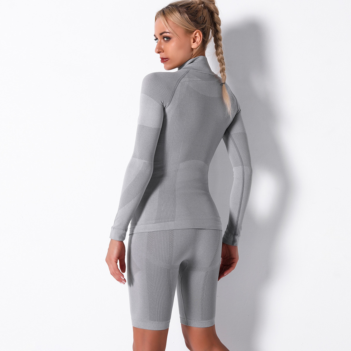 Seamless Knitted Sexy Striped Long Sleeve Shorts Yoga Set NSNS10699