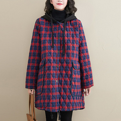 大码棉服女连帽2020新款冬装复古棉麻格子夹棉加厚中长款棉衣外套
