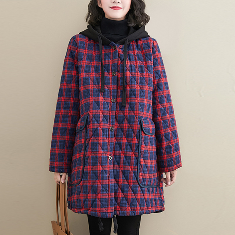 大码棉服女连帽2020新款冬装复古棉麻格子夹棉加厚中长款棉衣外套
