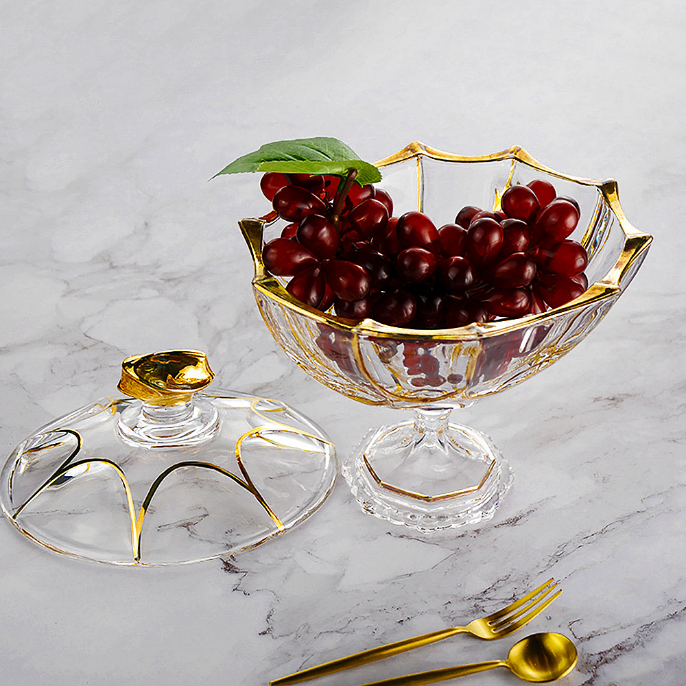 欧式出口水晶玻璃果盘带脚果斗家用透明时尚水果盘零食盘客厅摆件