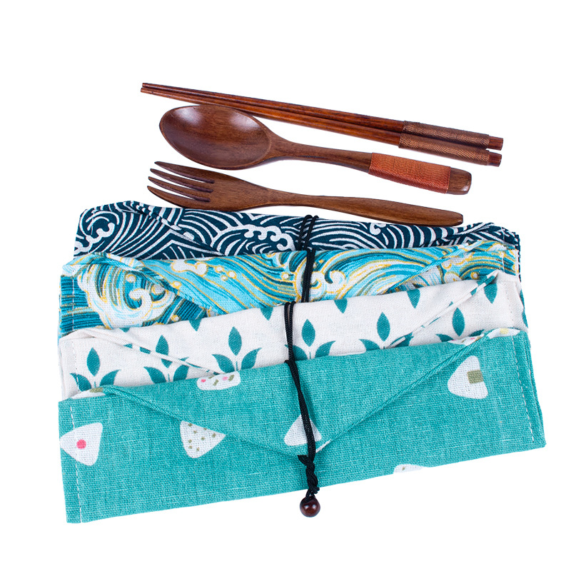 日系和风筷子收纳袋印花棉麻布束口袋便携餐具旅行绑绳筷子套