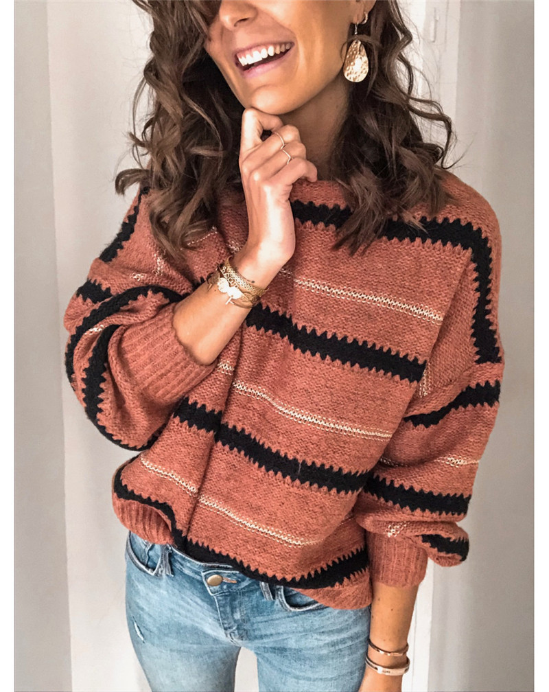 stitching metal striped loose pullover sweater  NSBTY62697