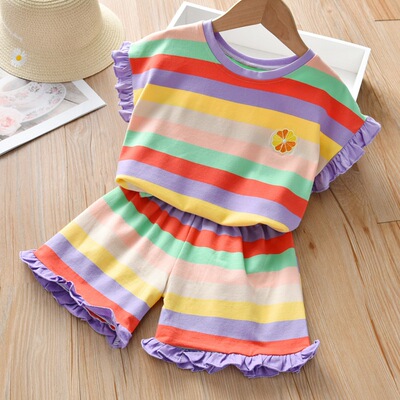 2020 summer new Korean girls' two piece set of net red rainbow embroidery middle and small children's pure cotton sports suit trend