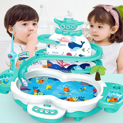 儿童玩具益智可充电动磁性钓鱼台滑梯3-5-6岁小孩7游戏音乐旋转盘