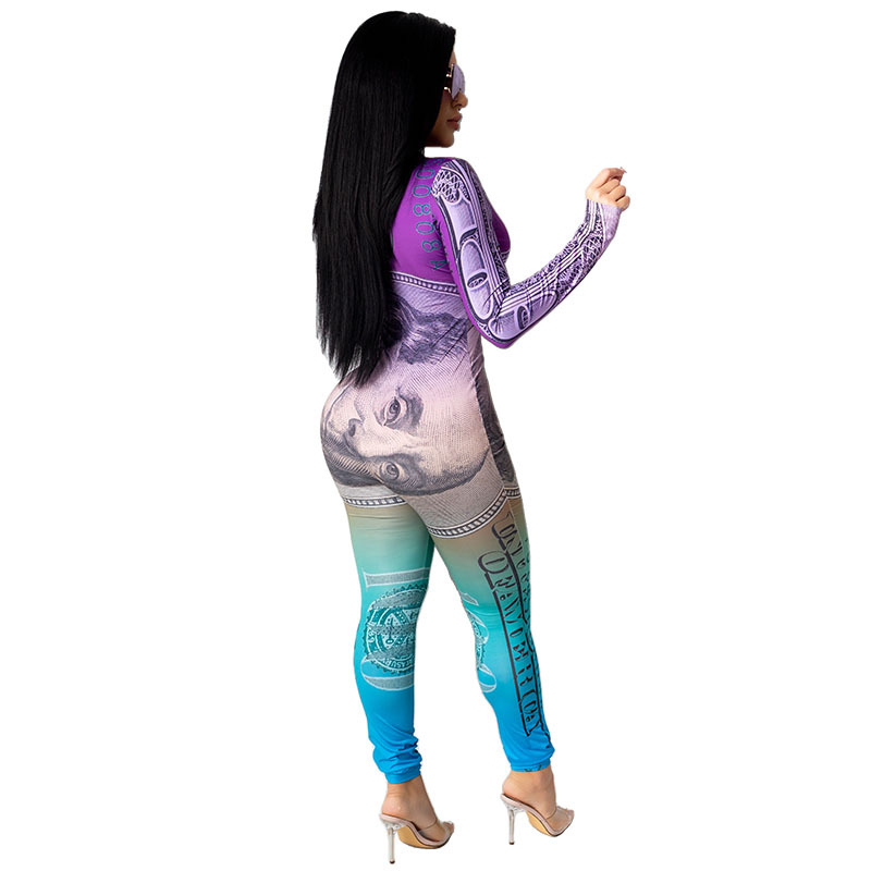 dollar printing long-sleeved zipper jumpsuit NSHBG123061