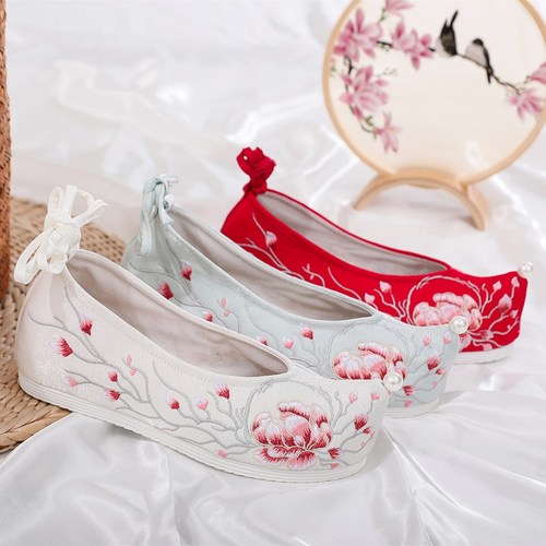 hanfu dance chinese dress shoes for female Bow Shoes princess fairy cosplay performance flat embroidered shoes for women