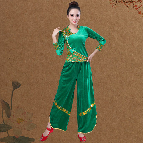 Women velvet red green chinese folk dresses square dance dance clothing pleuche suit practise adult Yangge umbrella fan performance clothes