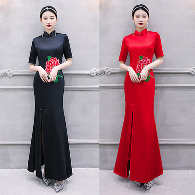Chinese Dress cheongsam for womenSatin double long cheongsam dress retro cheongsam