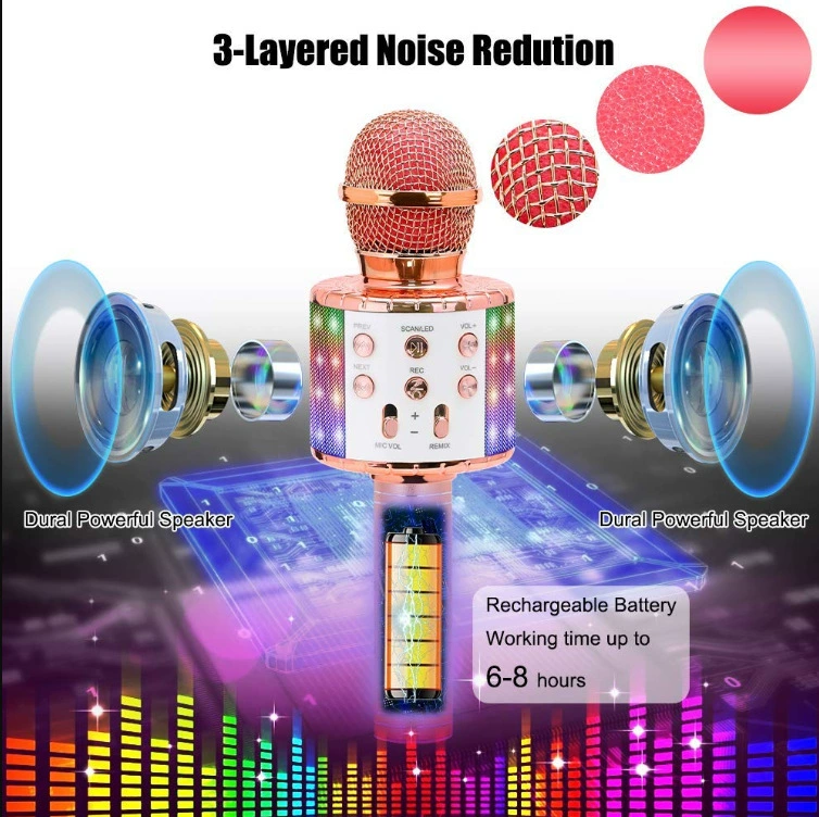 Wireless Karaoke Microphone Handheld Portable Speaker Home KTV Player with Dancing LED Lights Record Function for Kids Gifts