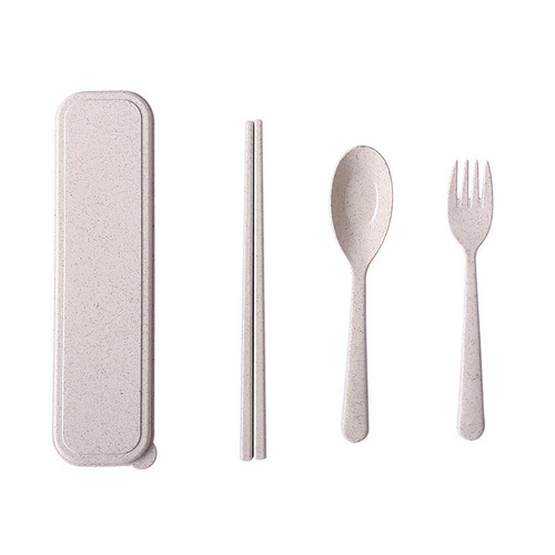 Wheat straw tableware chopsticks fork spoon three-piece set elementary school students cute chopstick box long handle spoon fork