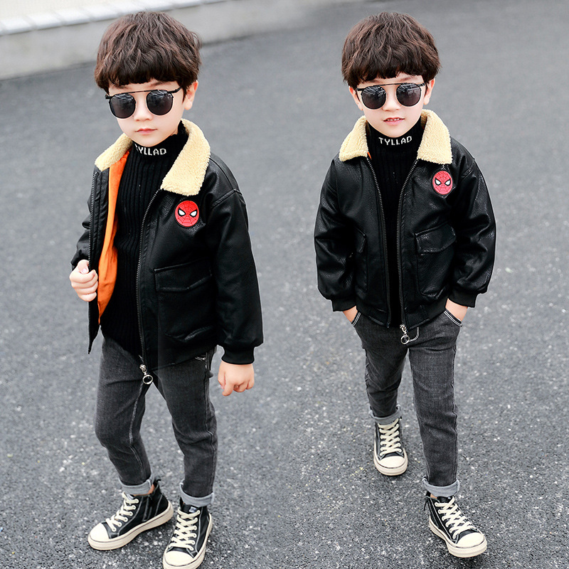 Children's clothing leather jacket Plush thickening Boy Spider-Man Fur collar leather clothing keep warm Male baby leisure time work clothes coat
