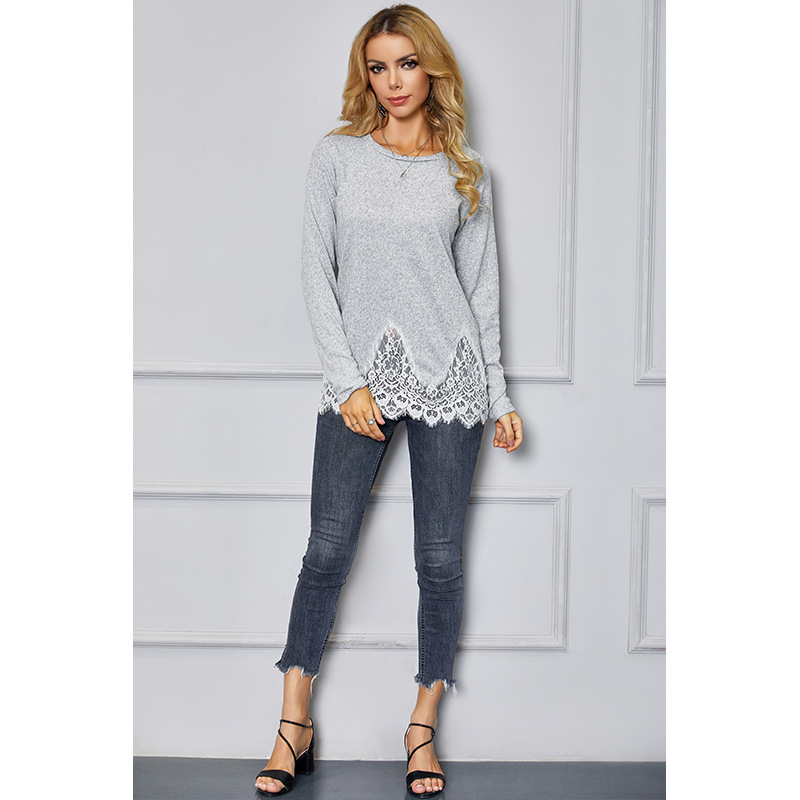 long-sleeved stitching irregular lace hem top NSSA26071