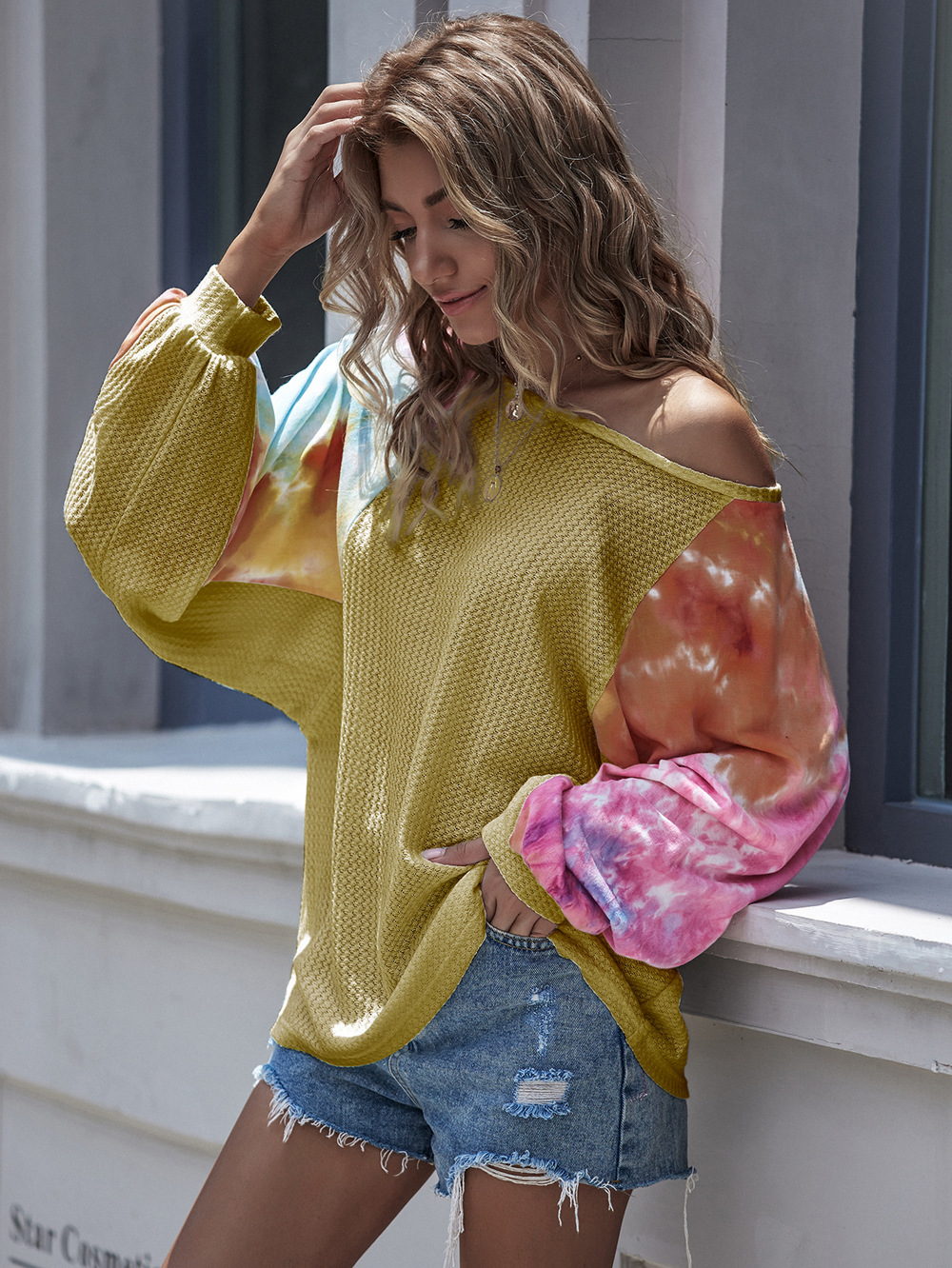 one-line neck tie-dye strappy sweater bat sleeve sexy off-shoulder top NSDF1289
