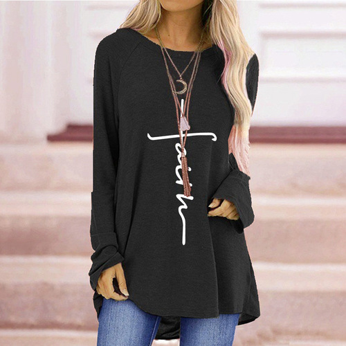 wisheBay Autumn Cross Print Loose Round Neck Long Sleeve T-Shirt for Women - Fast Shipping